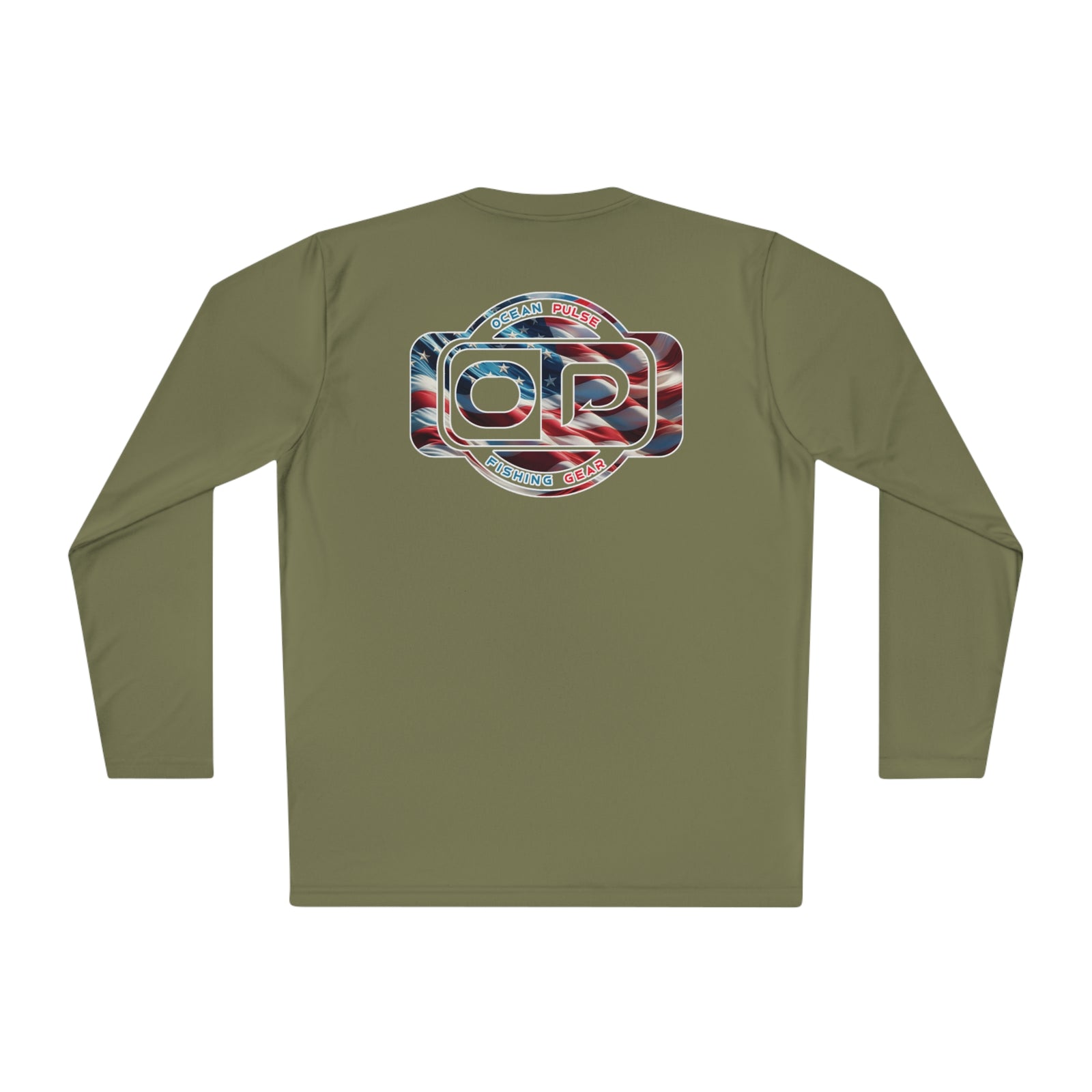 OP American Flag Long Sleeve Performance Fishing Shirt by Ocean Pulse (Olive Drab Green)