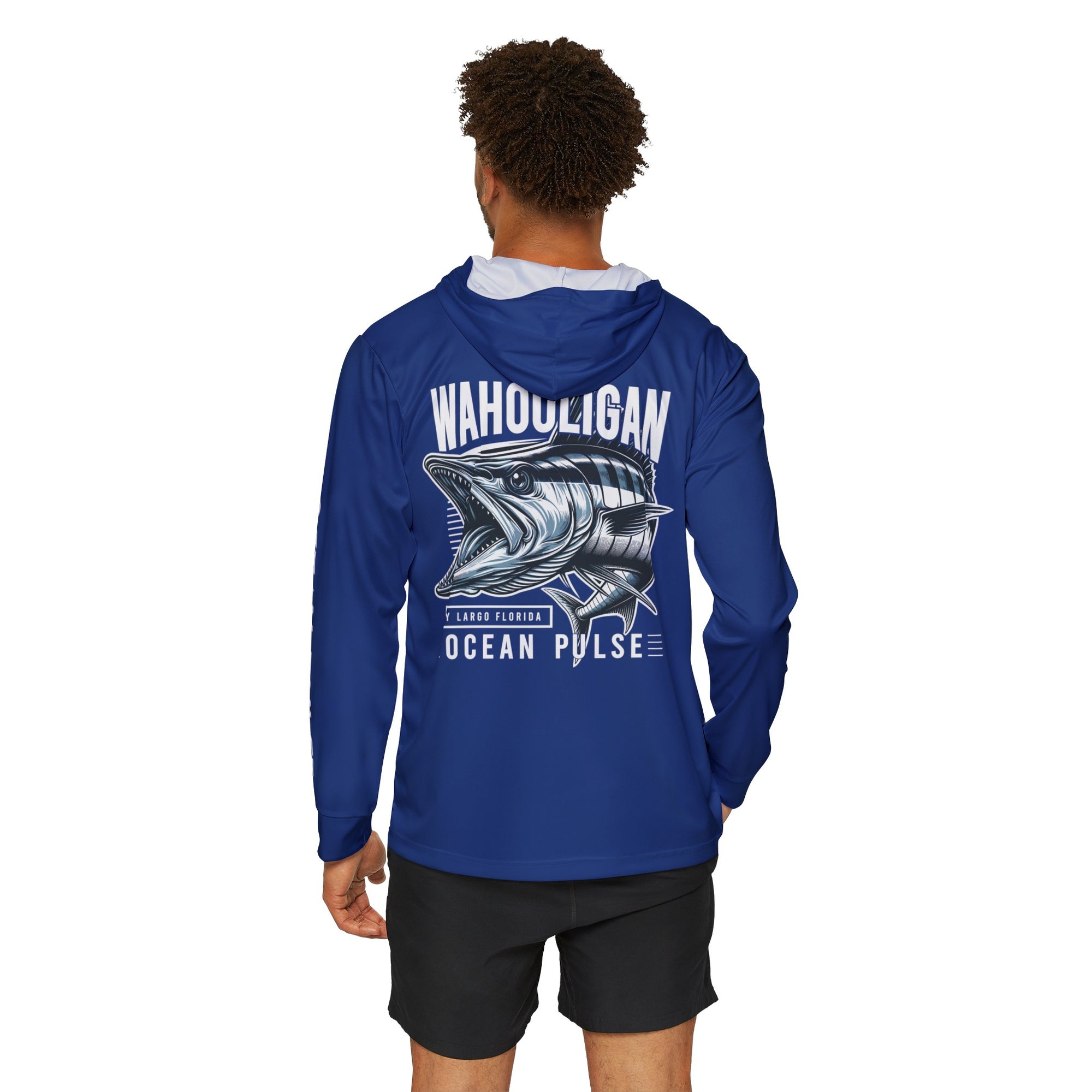 Wahooligan Long Sleeve Performance Fishing Shirt With Hood by Ocean Pulse - Dark Blue